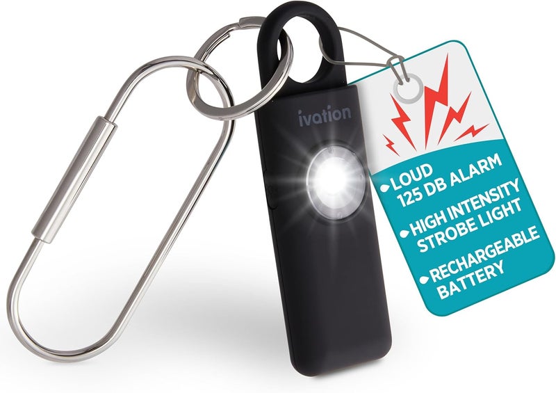 Ivation Personal Rechargeable SOS Alarm, Pocket Size Loud 130dB Sound Safety Siren & LED Panic Strobe Light with Carabiner Keychain Clip for Women, Children & Seniors, Black - Image 1